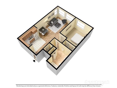 Floor plan for 1 bed, 1 bath, 730 sqft